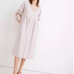 Embroidered-Sleeve Popover Midi Dress, Size M